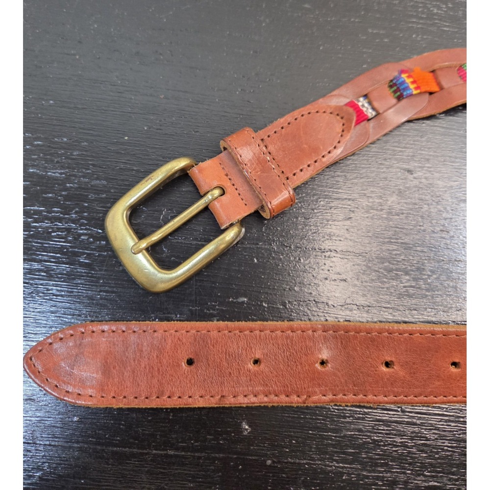 Vintage Guatemalan Leather & Handwoven Womens Belt 35" Med Colorful Gold Accents - Picture 3 of 4